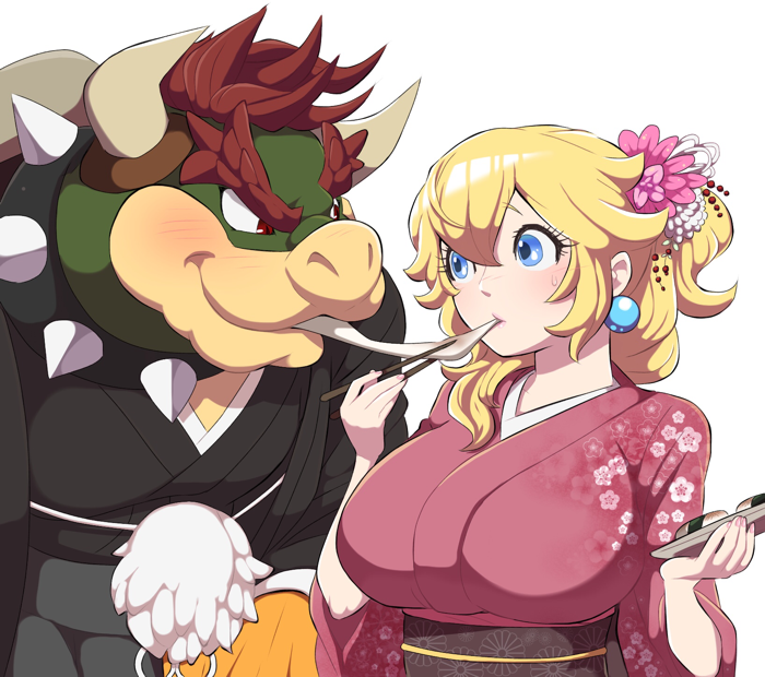 1boy 1girl bangs blonde_hair blue_eyes blush bowser breasts chopsticks collar earrings eye_contact eyelashes fingernails floral_print flower food hair_between_eyes hair_flower hair_ornament hakama haori holding holding_chopsticks holding_plate horn horns japanese_clothes jewelry kimono large_breasts looking_at_another super_mario_bros. mohawk monster nail_polish new_year obi pink_nails pink_yukata plate princess_peach redhead sash sharing_food side_ponytail simple_background slurping smile spiked_collar spikes spiky_hair super_mario_bros. sushi sweatdrop thick_eyebrows tied_hair upper_body white_background yukata zabumaku