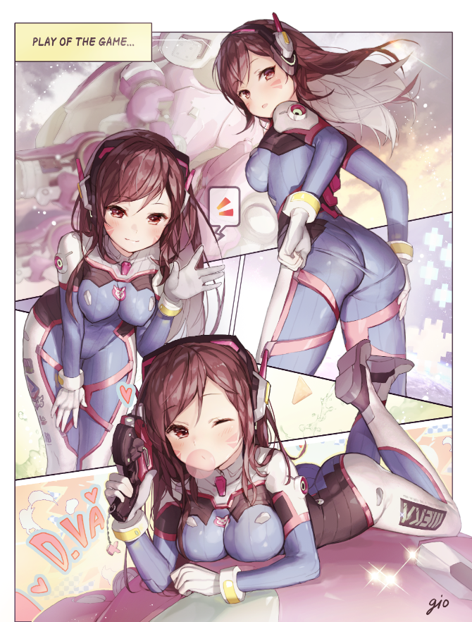 1girl adjusting_clothes ass bent_over blue_bodysuit blush bodysuit breasts brown_eyes brown_hair bubblegum character_name closed_mouth clothes_writing comic covered_navel d.va_(overwatch) english facepaint from_behind full_body gio_(maroon0924) headgear heart impossible_bodysuit impossible_clothes legs_together legs_up long_hair lying mecha medium_breasts on_stomach one_eye_closed open_mouth overwatch skin_tight speech_bubble standing trigger_discipline twitter_username waving