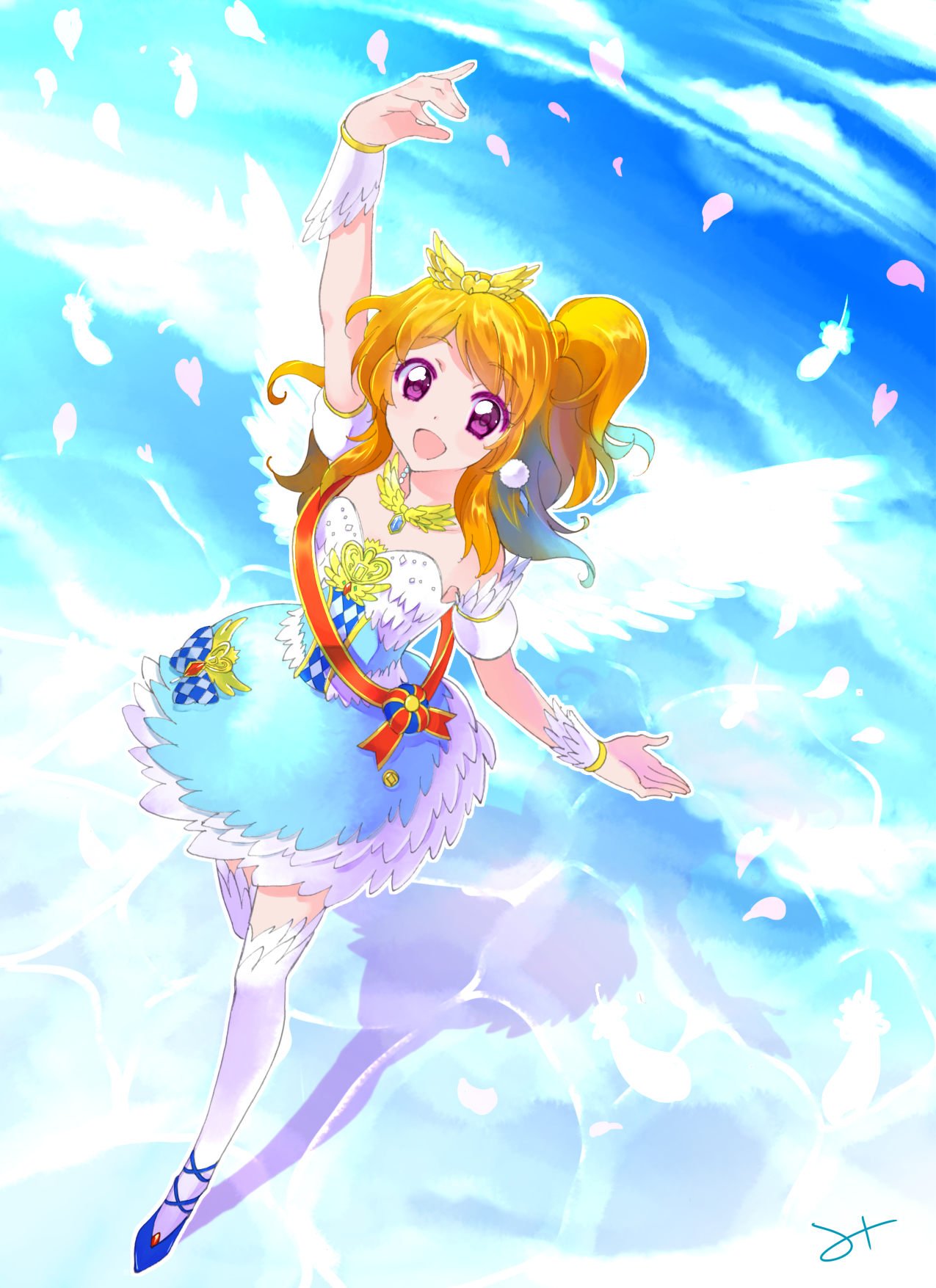 1girl :d aikatsu! angel_wings blush bow brown_hair dress earrings feather_trim feathers full_body gloves half_gloves highres jewelry long_hair looking_at_viewer mitsuhashitaeko necklace one_side_up oozora_akari open_mouth ribbon sash skirt sky smile solo strapless strapless_dress thigh-highs tiara violet_eyes wings