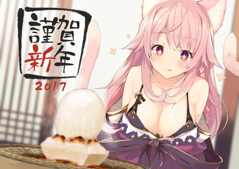 1girl 2017 :q animal_ears bangs bare_shoulders blurry blush breasts cat_ears cat_tail cleavage closed_mouth collarbone commentary depth_of_field dutch_angle eyebrows_visible_through_hair food grill hair_flaps happy_new_year indoors large_breasts long_hair nekomata nengajou new_year original pink_hair red_eyes solo star star-shaped_pupils symbol-shaped_pupils tail tongue tongue_out translated yuui_hutabakirage