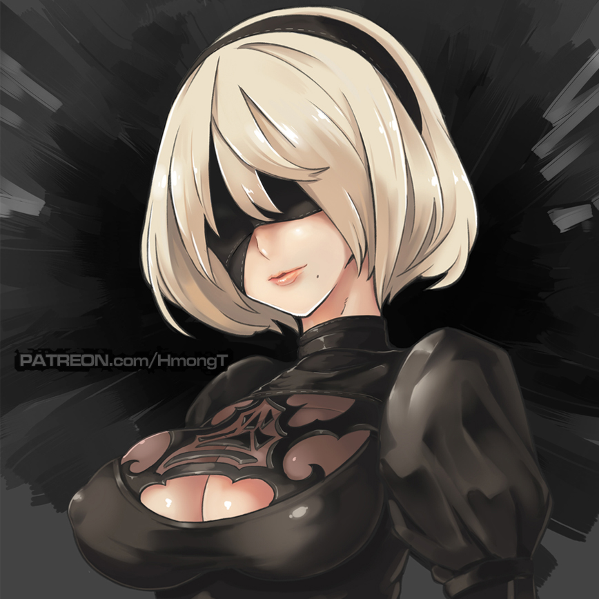 1girl android black_dress black_hairband blindfold breasts cleavage cleavage_cutout closed_mouth covered_eyes dress erect_nipples hair_over_eyes hairband juliet_sleeves large_breasts lips long_sleeves mole mole_under_mouth nier_(series) nier_automata patreon_username phandit_thirathon puffy_sleeves short_hair silver_hair smile solo turtleneck upper_body watermark web_address yorha_unit_no._2_type_b