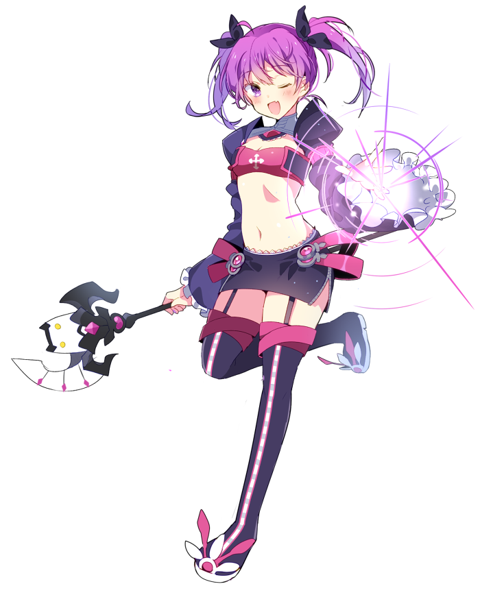 1girl ;d aisha_(elsword) bandeau black_boots black_bow black_skirt boots bow elsword flat_chest full_body hair_bow juliet_sleeves long_sleeves looking_at_viewer magic miniskirt one_eye_closed open_mouth pinb puffy_sleeves purple_hair short_hair skirt smile solo staff standing standing_on_one_leg thigh-highs thigh_boots thigh_strap twintails violet_eyes void_princess_(elsword) white_background