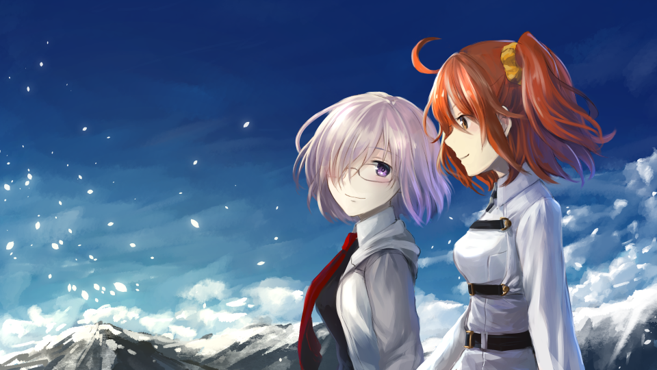 2girls ahoge belt blush brown_eyes collared_shirt day eye_contact fate/grand_order fate_(series) female female_protagonist_(fate/grand_order) fujimaru_ritsuka_(female) glasses hair_over_one_eye hair_scrunchie jacket looking_at_another looking_back mash_kyrielight mashu_kyrielite mountain multiple_girls necktie orange_hair outdoors red_necktie scrunchie shielder_(fate/grand_order) shiny shiny_hair shirt short_hair side_ponytail silver_hair smile snow tamae_(pixiv40276) uniform upper_body violet_eyes yellow_scrunchie