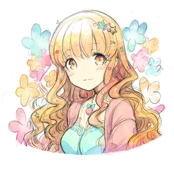 :3 brown_eyes brown_hair floral_background h2so4 hair_ornament hairclip idolmaster idolmaster_cinderella_girls jewelry long_hair moroboshi_kirari necklace sparkling_eyes star star_hair_ornament traditional_media watercolor_(medium) wavy_hair