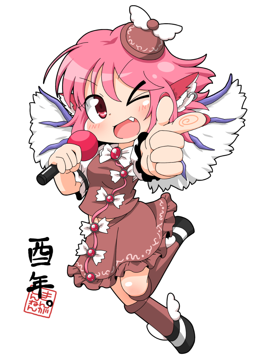&gt;_o 1girl ;d bird_wings blush deformed fang fingerprint hat highres idol jewelry kneehighs looking_at_viewer microphone mini_hat mystia_lorelei one_eye_closed open_mouth pink_hair puffy_short_sleeves puffy_sleeves red_eyes shoes short_hair short_sleeves single_earring skirt skirt_set smile socks solo touhou unachika vest winged_hat winged_shoes wings year_of_the_rooster