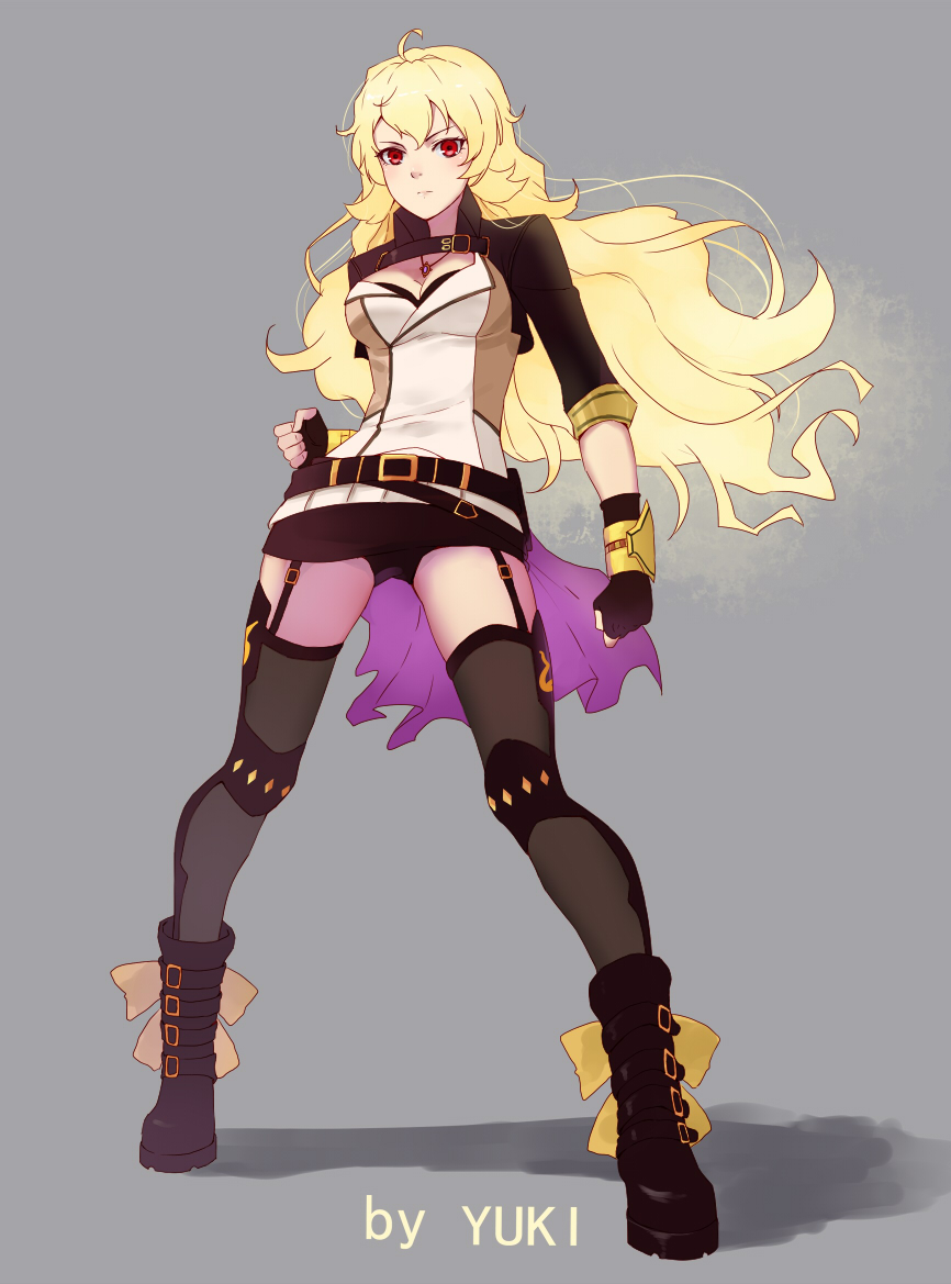 blonde_hair fingerless_gloves garter_straps gloves long_hair red_eyes rwby simple_background thigh-highs yang_xiao_long zyl