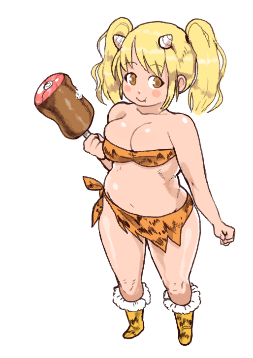 1girl animal_print blonde_hair blush_stickers boned_meat boots breasts caveman food fur_trim horns inkerton-kun large_breasts loincloth meat midriff nitroplus orange_hair plump short_twintails smile super_pochaco thick_thighs thighs torn_clothes twintails