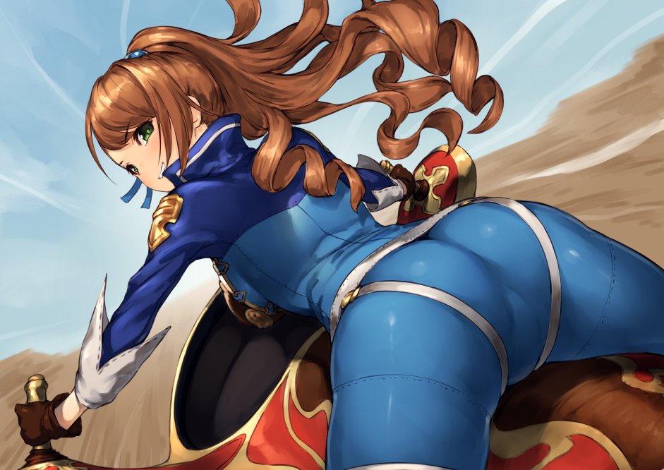 1girl alternate_costume ass beatrix_(granblue_fantasy) brown_hair from_behind gloves granblue_fantasy green_eyes neo-masterpeacer riding solo speed_lines