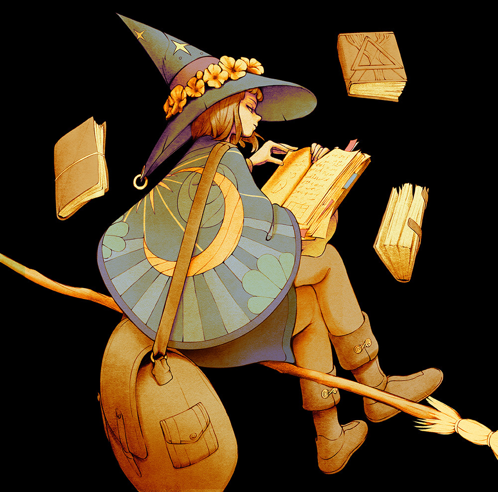 1girl bag blue_skirt book boots broom brown_hair floating flower hat kevin_hong levitation moon original reading shawl skirt witch witch_hat