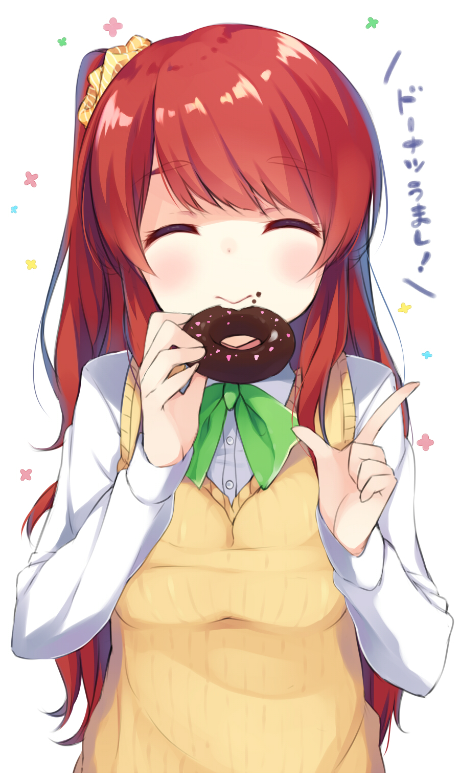 1girl :&gt; ^_^ akari_(kotonoha_zaja) bangs blush bow breasts chocolate_doughnut closed_eyes closed_mouth commentary cream cream_on_face doughnut eating eyebrows_visible_through_hair facing_viewer food food_on_face green_bow green_ribbon hair_ornament hair_scrunchie happy highres holding holding_food index_finger_raised kotonoha_zaja long_hair long_sleeves medium_breasts one_side_up original redhead ribbon scrunchie shaded_face shirt side_ponytail simple_background solo sweater_vest swept_bangs upper_body white_background white_shirt