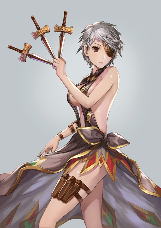 &gt;:( 1girl armpit_peek bare_arms bare_shoulders black_dress breasts brown_eyes closed_mouth cowboy_shot dress eyepatch from_side granblue_fantasy holding holding_knife holding_weapon holster knife looking_at_viewer looking_to_the_side maekawa_yuichi medium_breasts open-back_dress revealing_clothes serious short_hair silver_hair solo standing tania_(granblue_fantasy) thigh_holster weapon