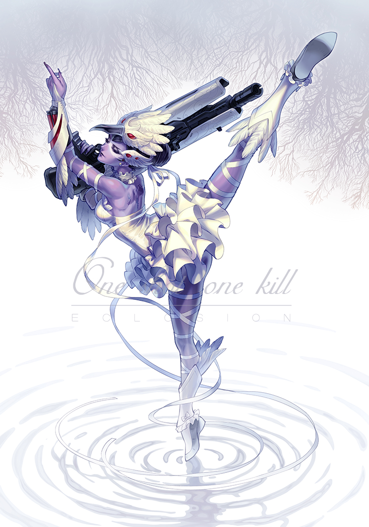 1girl ballerina ballet_slippers breasts cleavage eclosion gun leg_up nail_polish odette_widowmaker overwatch pose purple_skin ribbon solo toned weapon widowmaker_(overwatch)