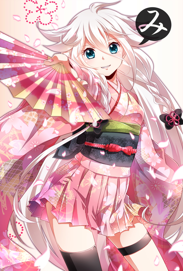 1girl blue_eyes braid commentary_request fan floral_print hair_between_eyes happy_new_year ia_(vocaloid) iroha_karuta japanese_clothes kimono long_hair looking_at_viewer mismatched_legwear nail_polish nengajou new_year obi paper_fan pink_hair sash single_thighhigh smile solo thigh-highs thigh_strap translated tsujiori twin_braids uchiwa very_long_hair vocaloid