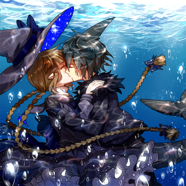 1boy 1girl black_gloves black_hair black_jacket blue_bow blue_hat blue_shirt bow braid closed_eyes from_side fur_trim gloves hair_bow hand_on_another's_shoulder hat hetero jacket kiss long_hair low_twintails majiang oounabara_to_wadanohara pointy_ears sailor_collar samekichi shark_tail shirt sparkle star star_print twin_braids twintails underwater very_long_hair wadanohara witch witch_hat