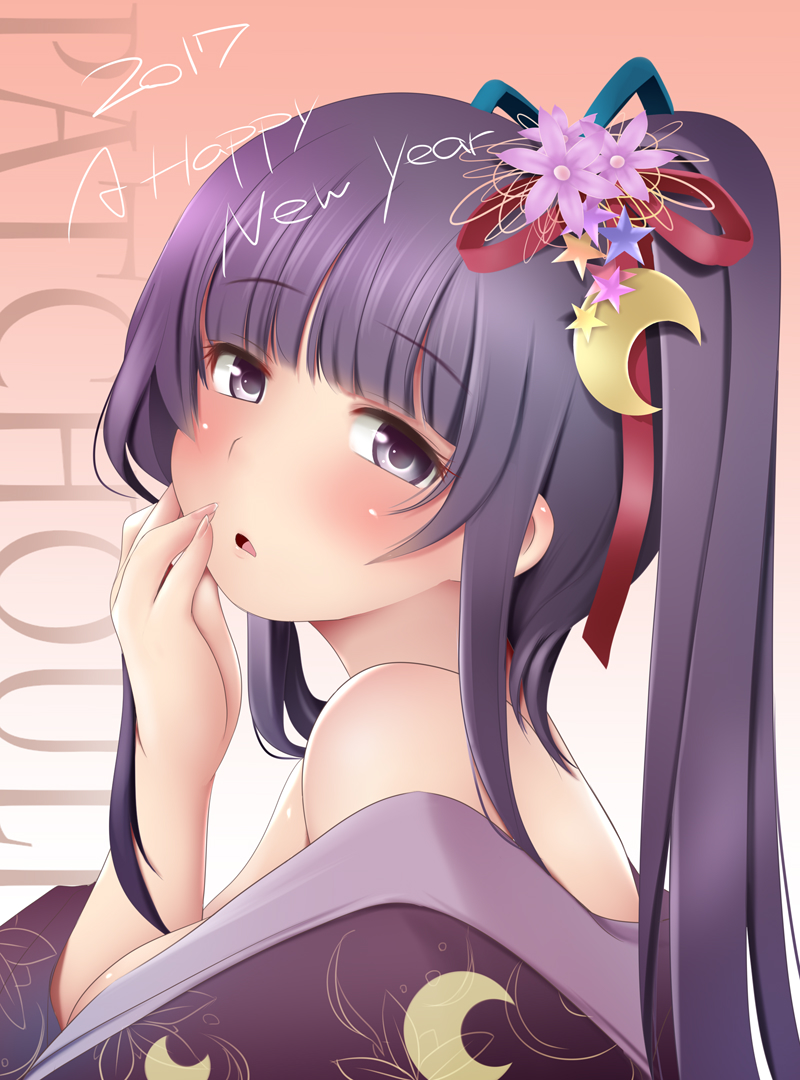 1girl 2017 alternate_hairstyle bangs blunt_bangs blush breasts commentary_request eyebrows_visible_through_hair flower hair_flower hair_ornament hair_ribbon hand_on_own_face happy_new_year japanese_clothes kimono kozue_akari medium_breasts new_year off_shoulder patchouli_knowledge ponytail purple_hair ribbon sidelocks touhou violet_eyes