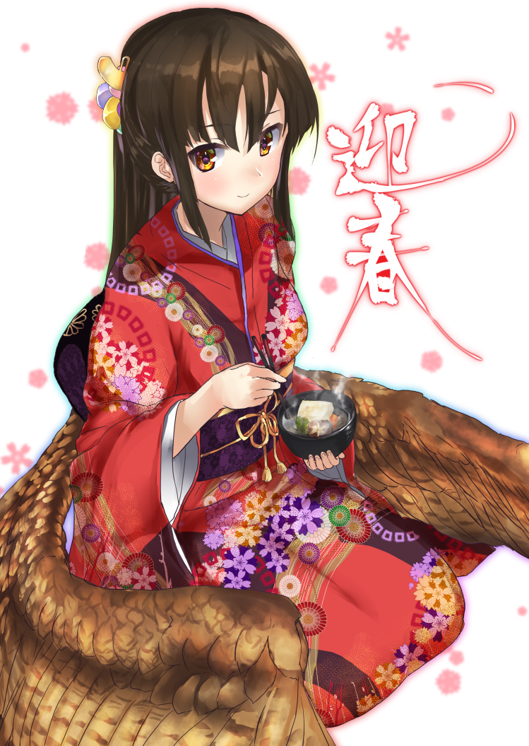 1girl bangs blurry_background blush breasts brown_eyes brown_hair closed_mouth floral_background floral_print food hair_between_eyes hair_ornament happy_new_year holding_bowl holding_chopsticks japanese_clothes kimono long_hair looking_at_viewer magu_(mugsfc) medium_breasts new_year obi oden original red_kimono sash seiza sitting smile solo translated white_background wings