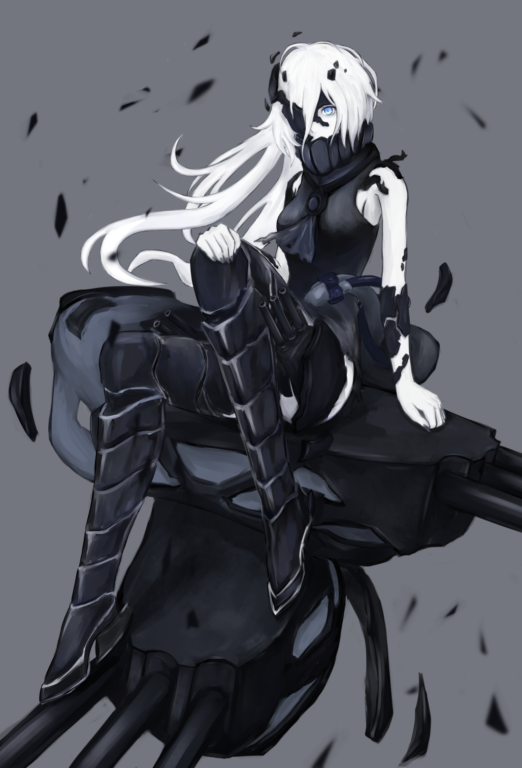 armor armored_boots ascot bare_shoulders blue_eyes boots covered_eye dress hand_on_own_knee highres kantai_collection long_hair ne-class_heavy_cruiser neckerchief rnne-class_heavy_cruiser shinkaisei-kan sitting sleeveless sleeveless_dress solo thigh-highs thigh_boots turret white_hair white_skin
