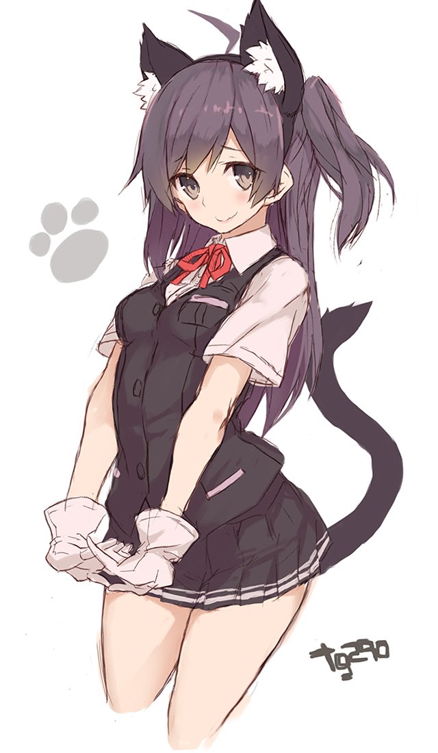 1girl ahoge animal_ears blush cat_ears cat_tail commentary_request cropped_legs diadem fake_animal_ears gloves goekawa hagikaze_(kantai_collection) kantai_collection long_hair looking_at_viewer neck_ribbon one_side_up pleated_skirt purple_hair ribbon school_uniform skirt smile solo tail vest violet_eyes white_background