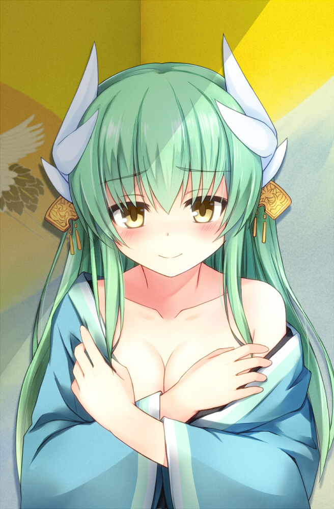 1girl animal_print bangs bare_shoulders bird_print blue_kimono blush breasts cleavage closed_mouth collarbone covering covering_breasts dragon_horns eyebrows_visible_through_hair fate/grand_order fate_(series) fuji_kakei green_hair hair_ornament horns japanese_clothes kimono kiyohime_(fate/grand_order) long_hair long_sleeves looking_at_viewer shade smile solo upper_body wide_sleeves yellow_eyes