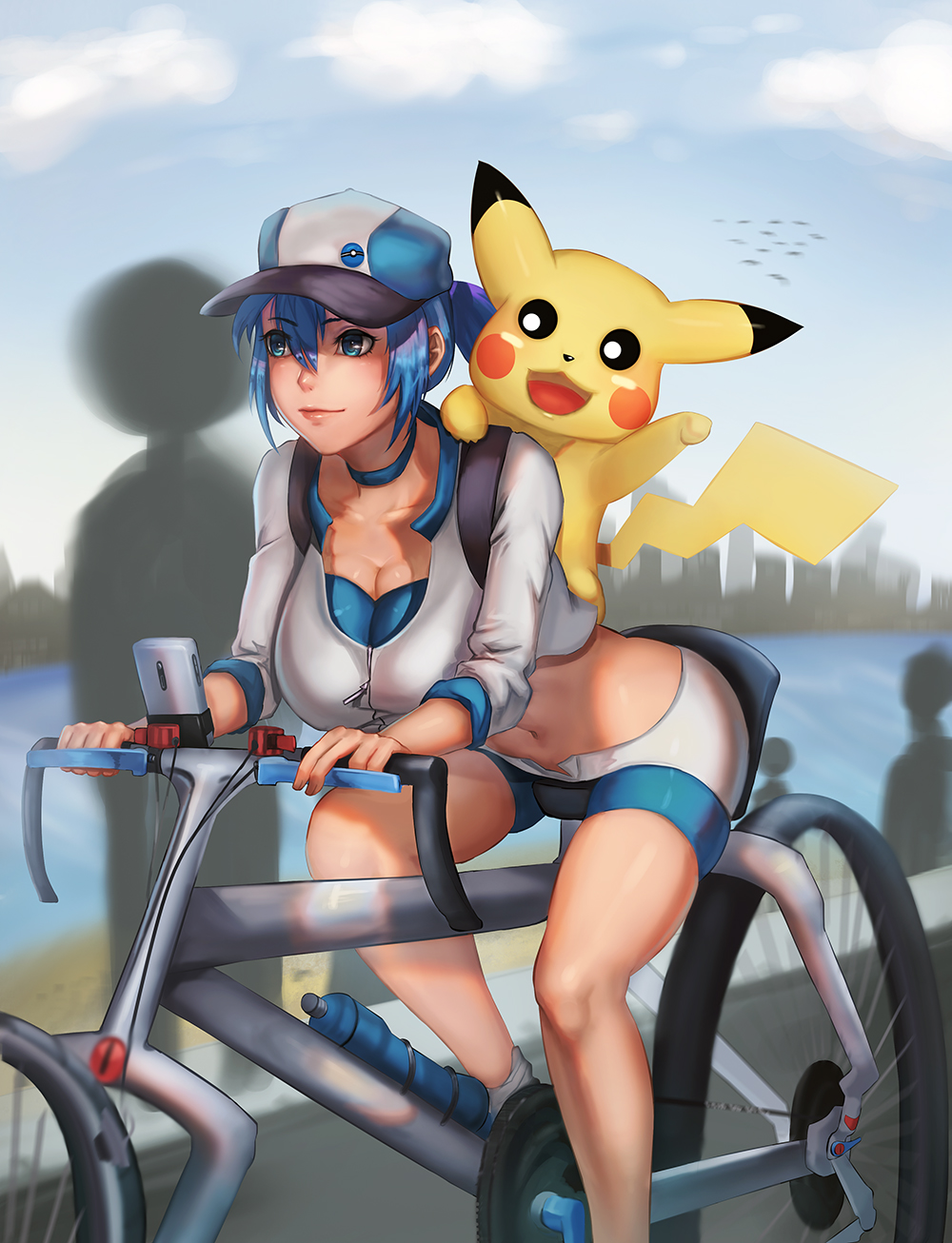 1girl baseball_cap bicycle bike_shorts blue_eyes blue_hair breasts cellphone choker cleavage closed_mouth collarbone crop_top day female_protagonist_(pokemon_go) ground_vehicle hair_between_eyes hat highres large_breasts leaning_forward mayrel navel outdoors phone pikachu pokemon pokemon_go ponytail riding sleeves_rolled_up smartphone smile stomach