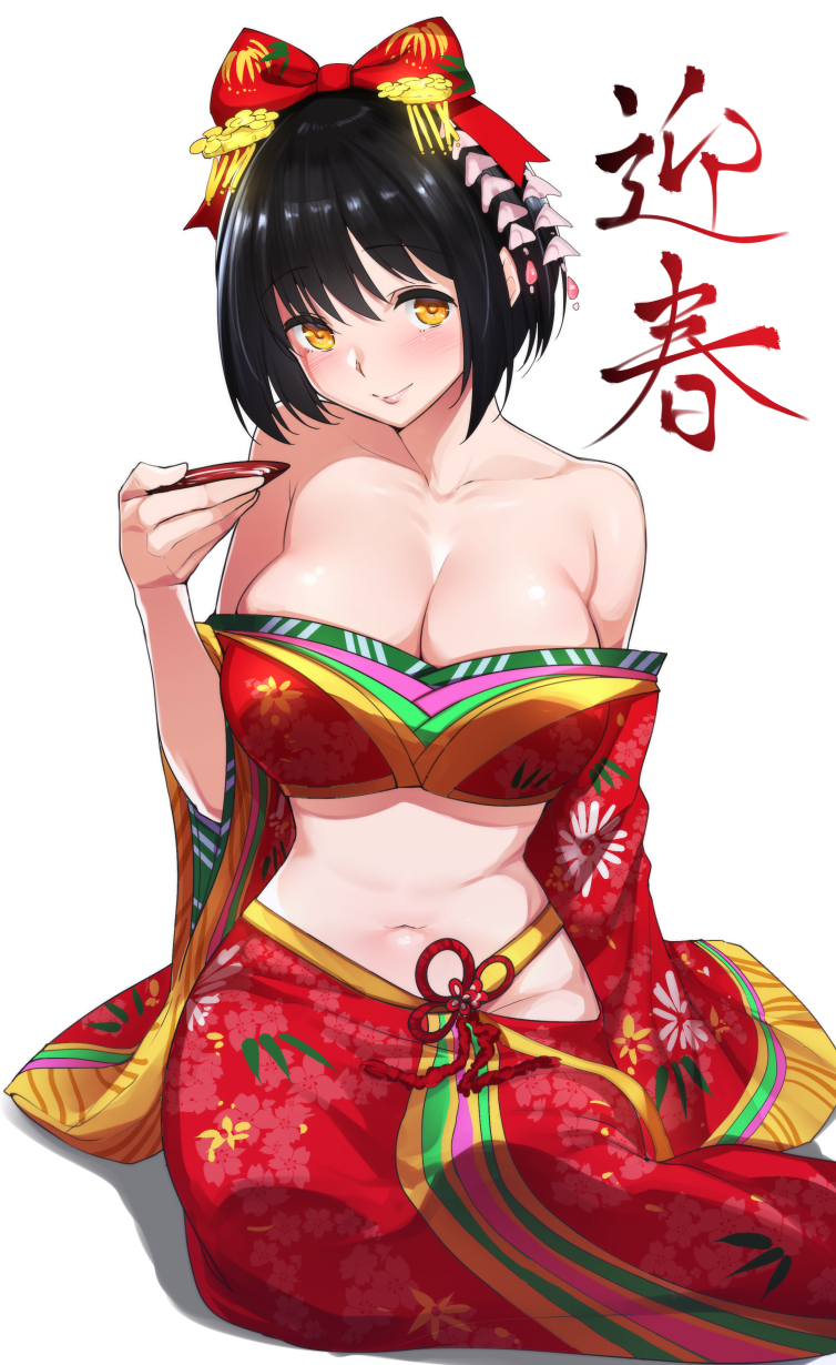 1girl alcohol bare_shoulders black_hair bow breasts cleavage closed_mouth collarbone cup drink drunk eyebrows_visible_through_hair floral_print groin hair_bow head_tilt highres idolmaster idolmaster_cinderella_girls japanese_clothes large_breasts liquid long_sleeves looking_at_viewer navel off_shoulder red_bow sakazuki sake short_hair simple_background sitting smile solo stomach takafuji_kako tareme tomohiro_kai translation_request white_background wide_sleeves yellow_eyes yokozuwari