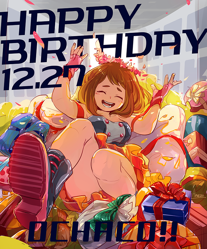1girl :d anezu bangs bare_shoulders blush boku_no_hero_academia boots bow brown_hair character_name closed_eyes dated dress fingerless_gloves gift gift_wrapping gloves happy_birthday head_wreath legs open_mouth petals pink_gloves short_eyebrows sidelocks smile solo uraraka_ochako