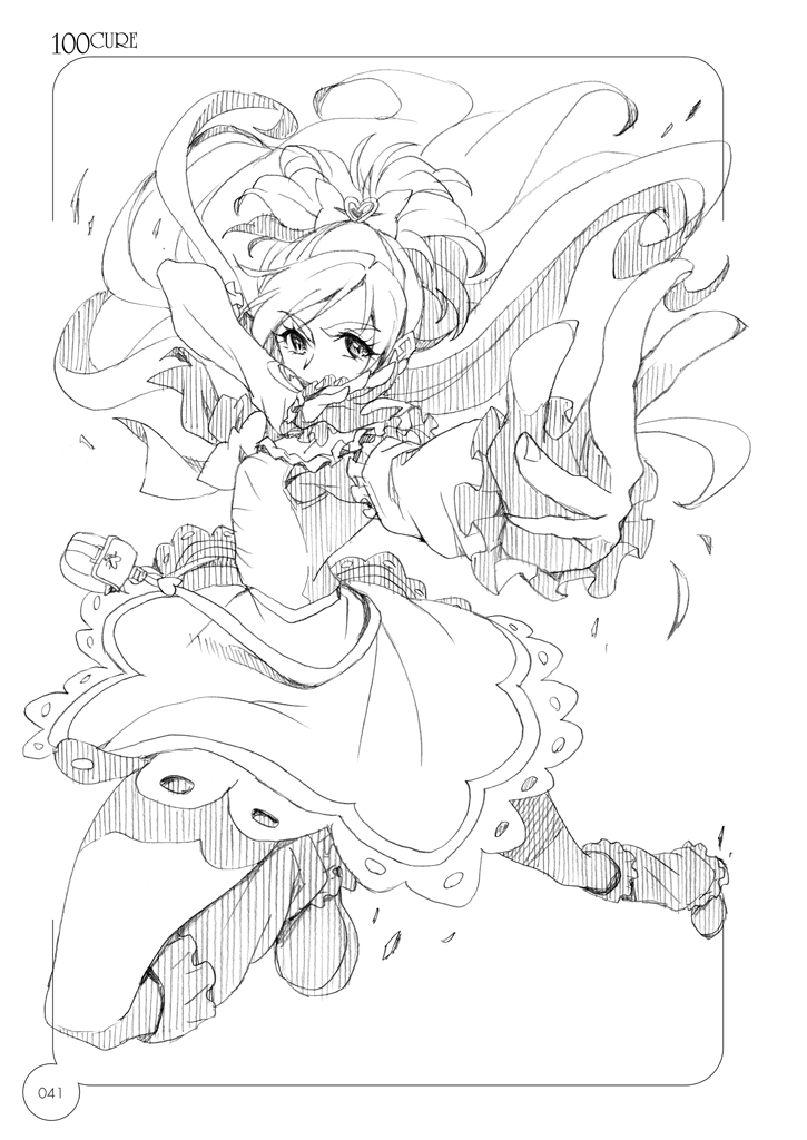 1girl boots cure_white detached_sleeves dress earrings eunos eyelashes fighting_stance frilled_dress frilled_sleeves frills futari_wa_precure hair_ornament hair_ribbon half_updo heart heart_earrings jewelry kneehighs leg_warmers long_hair looking_at_viewer magical_girl pose precure ribbon serious sketch solo white_background yukishiro_honoka