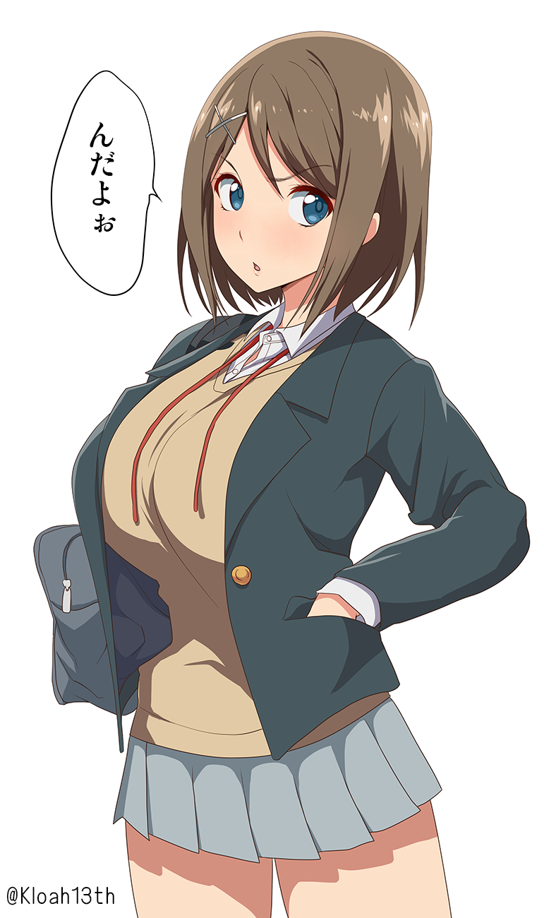 1girl alternate_breast_size alternate_costume bag blue_eyes breasts brown_hair downscaled hair_ornament hand_in_pocket highres huge_breasts kantai_collection kloah maya_(kantai_collection) neck_ribbon pleated_skirt red_ribbon resized ribbon school_bag school_uniform simple_background skirt solo speech_bubble translation_request twitter_username untied white_background x_hair_ornament