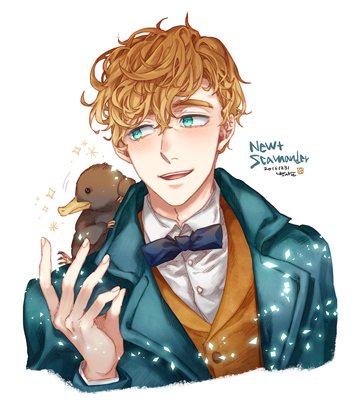 aqua_eyes blush bow bowtie brown_hair character_name coat fantastic_beasts_and_where_to_find_them newt_scamander niffler nyangsam open_mouth portrait simple_background sparkle teeth white_background