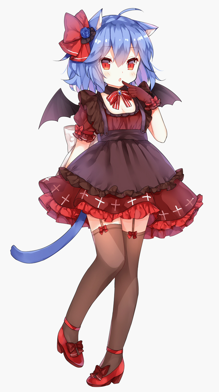 1girl :o ahoge alternate_costume animal_ears arm_behind_back bangs bat_wings bow bowtie breasts brooch brown_legwear cat_ears cat_tail cleavage detached_collar dress eyebrows_visible_through_hair frilled_dress frills full_body garter_straps gem gloves hair_between_eyes high_heels highres jewelry kemonomimi_mode layered_dress leg_up looking_at_viewer open_mouth pigeon-toed puffy_short_sleeves puffy_sleeves red_bow red_bowtie red_dress red_eyes red_gloves red_ribbon red_shoes remilia_scarlet ribbon sapphire_(stone) shiny shiny_hair shoes short_sleeves slit_pupils small_breasts solo standing standing_on_one_leg tail tengxiang_lingnai thigh-highs touhou tsurime wings zettai_ryouiki