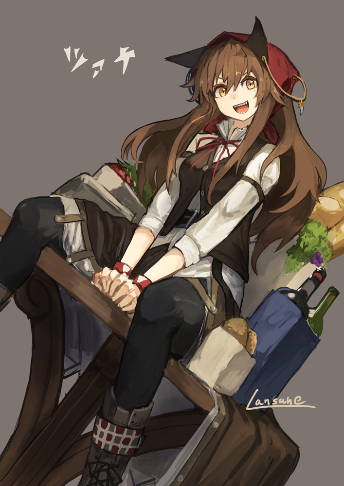 1girl animal_ears artist_name bag between_legs boots bottle brown_background brown_hair brown_skirt brown_vest commentary_request hand_between_legs kerchief lansane long_sleeves open_mouth original pantyhose paper_bag sharp_teeth shirt sitting sitting_on_table skirt smile solo teeth translation_request vest white_shirt wolf_ears wooden_table wristband yellow_eyes