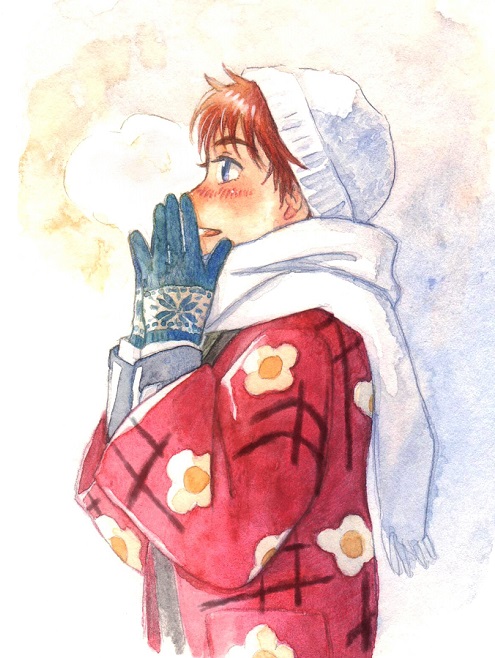 1girl alternate_costume beanie blue_eyes blush breath casual gloves hands_up hanten_(clothes) hat izumi_noa japanese_clothes kidou_keisatsu_patlabor open_mouth profile redhead scarf short_hair solo traditional_media upper_body ususionorisio watercolor_(medium) winter_clothes