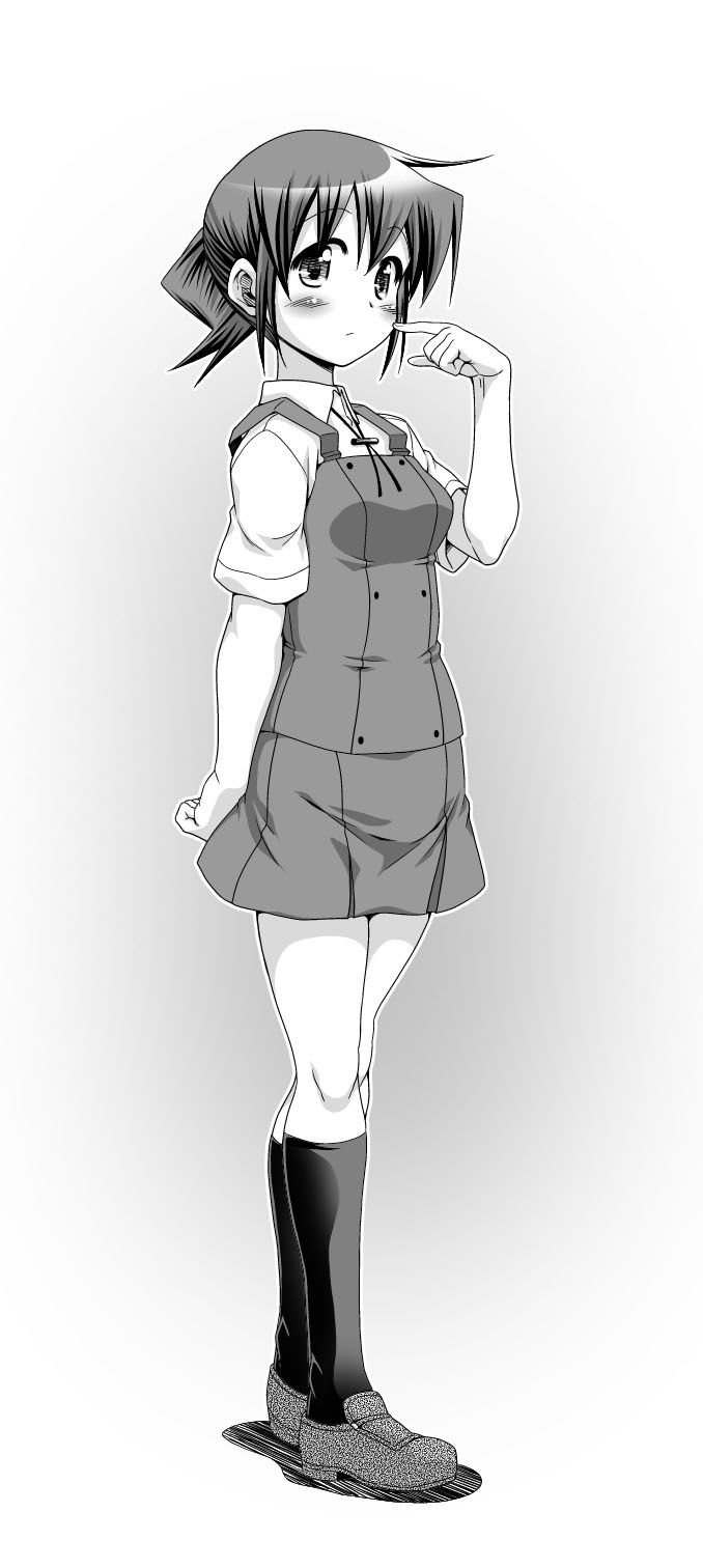 1girl blush hidamari_sketch highres legs monochrome nori school_uniform short_hair socks solo yoshitani_motoka