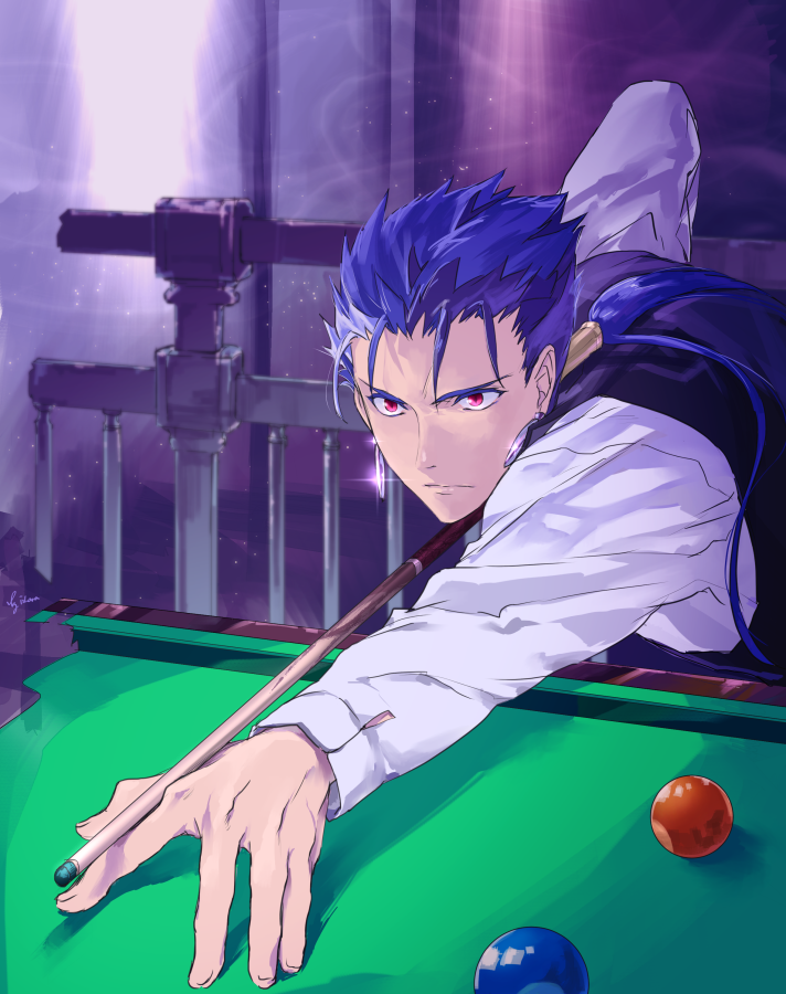 1boy alternate_costume blue_hair cue_ball cue_stick earrings fate/stay_night fate_(series) indoors iz_izhara jewelry lancer male_focus ponytail pool pool_table red_eyes solo waiter