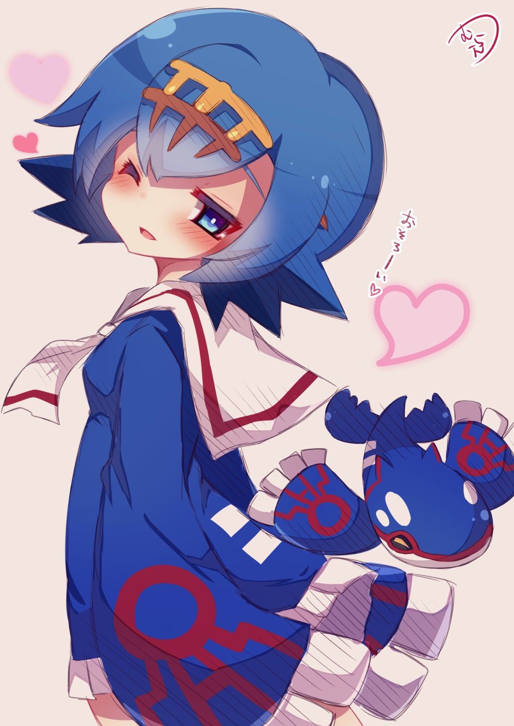 1girl ;d alternate_costume blue_eyes blue_hair blue_shirt blush from_side hairband heart highres kyogre legendary_pokemon long_sleeves looking_to_the_side muuran one_eye_closed open_mouth pokemon pokemon_(creature) pokemon_(game) pokemon_sm shirt short_hair smile suiren_(pokemon) translation_request trial_captain