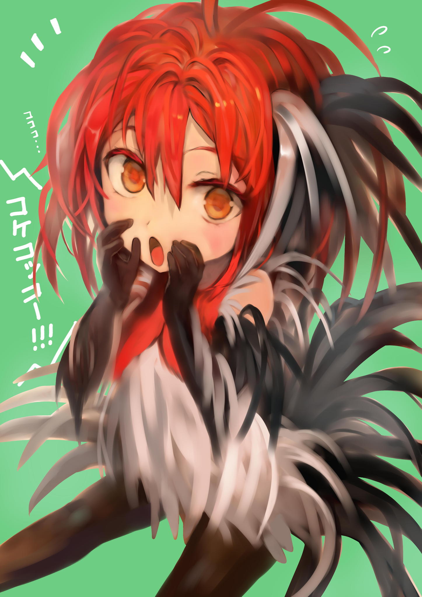 1girl antenna_hair bangs black_gloves black_legwear blush bob_(biyonbiyon) elbow_gloves flying_sweatdrops gloves green_background hair_between_eyes happy_new_year highres looking_at_viewer new_year open_mouth orange_eyes original pantyhose redhead rooster_costume shouting simple_background solo speech_bubble translated