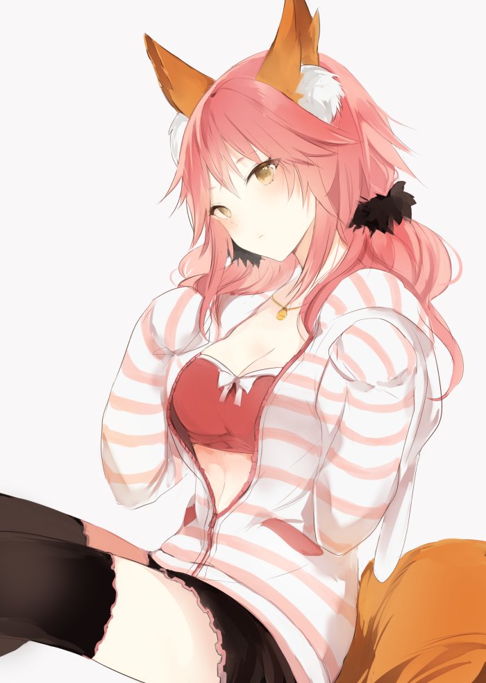 1girl animal_ears bad_id bad_twitter_id bandeau black_legwear black_skirt bow breasts cleavage collarbone fate/extra fate_(series) fox_ears fox_tail hair_ornament hair_scrunchie hands_in_sleeves jewelry long_hair long_sleeves looking_at_viewer low_twintails lpip medium_breasts miniskirt necklace pendant pink_bow pink_hair pocket scrunchie simple_background sitting skirt solo strapless striped_hoodie tail tamamo_(fate)_(all) tamamo_no_mae_(fate) thigh-highs twintails white_background yellow_eyes zettai_ryouiki