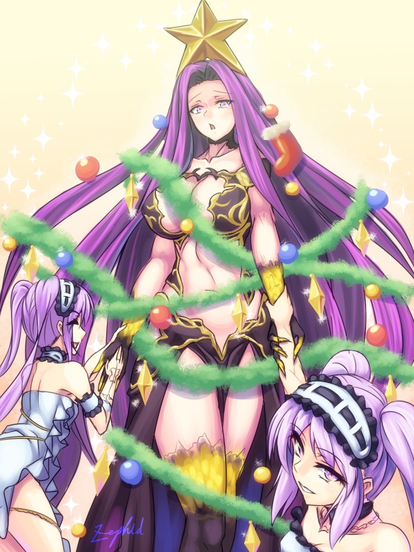 3girls armlet bare_shoulders breasts choker christmas_ornaments christmas_tree claws dress euryale eyebrows eyebrows_visible_through_hair fate/grand_order fate/hollow_ataraxia fate/stay_night fate_(series) gorgon_(fate) hairband headdress jewelry lolita_hairband long_hair looking_at_viewer multiple_girls necklace open_mouth purple_hair rider scales siblings sidelocks sleeveless sleeveless_dress smile star stheno twins twintails violet_eyes white_dress zephid