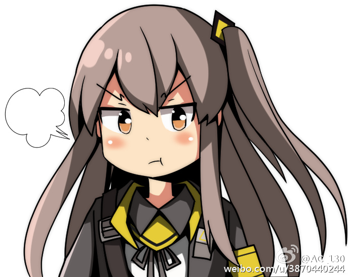 &gt;:t 1girl :t angry blush_stickers brown_eyes girls_frontline jacket long_hair looking_at_viewer personification pout side_ponytail silver_hair solo ump45_(girls_frontline)
