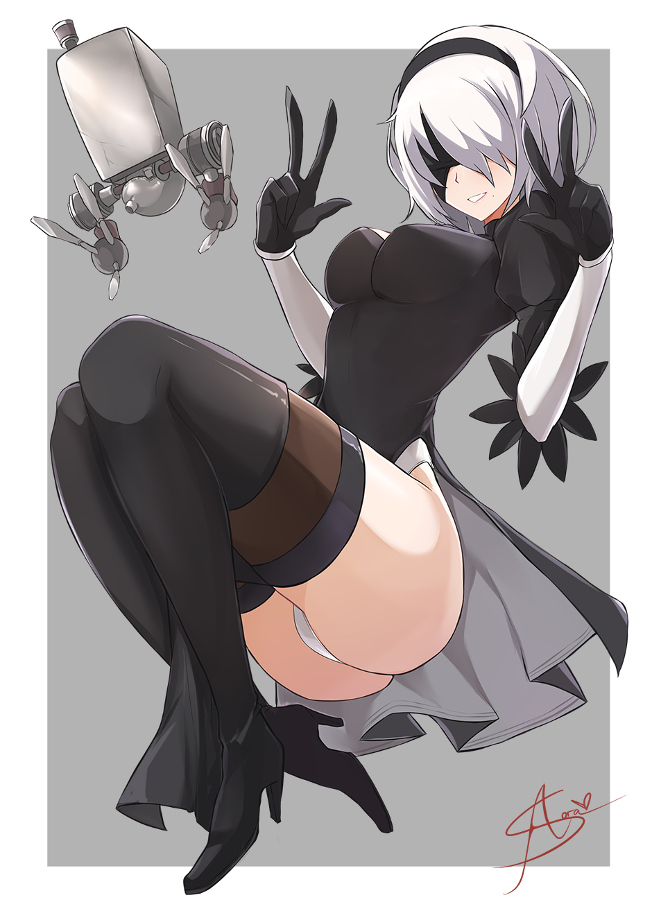 1girl :d android aori_sora ass black_boots black_dress black_hairband black_legwear blindfold boots breasts cleavage cleavage_cutout covered_eyes cowboy_shot double_v dress drone gloves grey_background grin hair_over_eyes hairband hands_up high_heel_boots high_heels highleg highleg_leotard highres juliet_sleeves legs_apart leotard lips long_sleeves machinery medium_breasts mole mole_under_mouth nier_(series) nier_automata open_mouth pink_lips pod_(nier_automata) puffy_sleeves robot short_hair side_slit signature silver_hair smile solo thigh-highs thigh_boots turtleneck v vambraces white_leotard yorha_unit_no._2_type_b