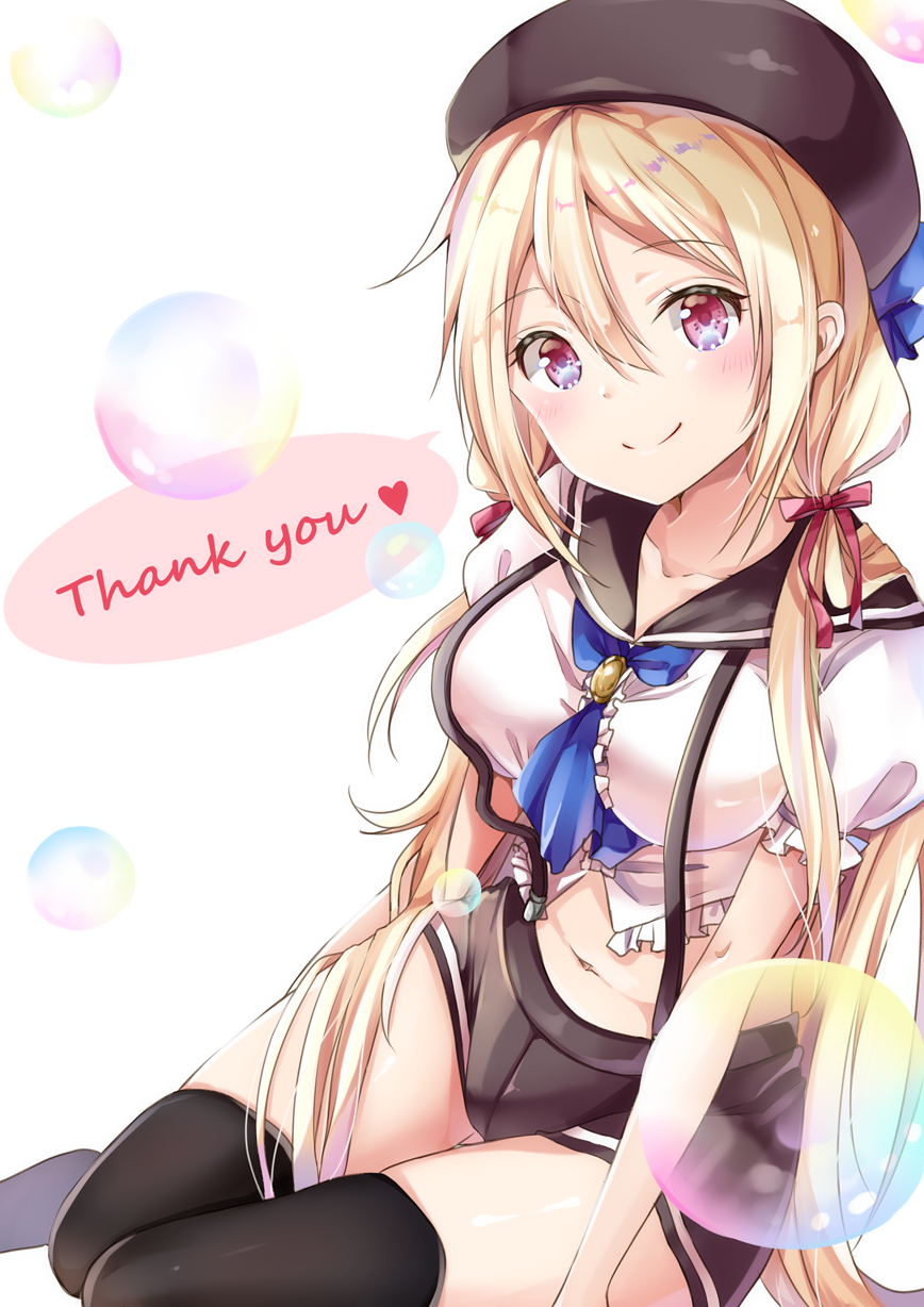 1girl bangs black_hat black_legwear blonde_hair blush breasts bubble collarbone crotch_seam eyebrows_visible_through_hair frilled_sleeves frills hair_ribbon hat heart highres large_breasts long_hair looking_at_viewer low_twintails midriff navel original red_ribbon ribbon short_shorts short_sleeves shorts simple_background sitting smile solo speech_bubble thank_you thigh-highs twintails very_long_hair white_background yokozuwari yoshida_iyo