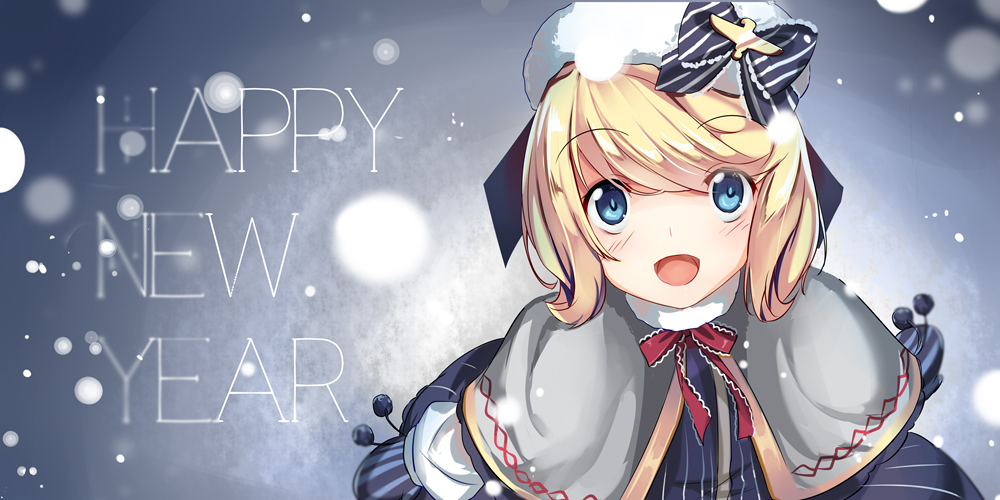 1girl :d blonde_hair blue_bow blue_dress blue_eyes blue_gloves blue_ribbon blush bow capelet dress eyebrows_visible_through_hair from_above gloves happy_new_year hat hat_bow jacknavy looking_at_viewer looking_up mittens new_year open_mouth red_bow red_ribbon ribbon short_hair smile snow snowing solo text white_hat z16_friedrich_eckoldt_(zhan_jian_shao_nyu) zhan_jian_shao_nyu