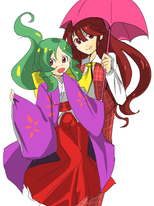 2girls bow cosplay costume_switch green_hair hair_bow hakama japanese_clothes kazami_yuuka kazami_yuuka_(cosplay) kimono kotohime kotohime_(cosplay) long_hair maro4 multiple_girls pants plaid plaid_pants plaid_vest red_eyes redhead shirt touhou touhou_(pc-98) umbrella vest