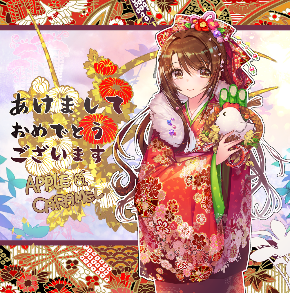 &gt;_&lt; 1girl artist_name bangs bird blue_n brown_eyes brown_hair chicken closed_eyes closed_mouth eyebrows_visible_through_hair floral_print flower fur_collar furisode hair_flower hair_ornament happy_new_year holding idolmaster idolmaster_cinderella_girls japanese_clothes kimono long_hair looking_at_viewer new_year red_flower red_kimono shimamura_uzuki signature smile solo standing translated wavy_hair year_of_the_rooster