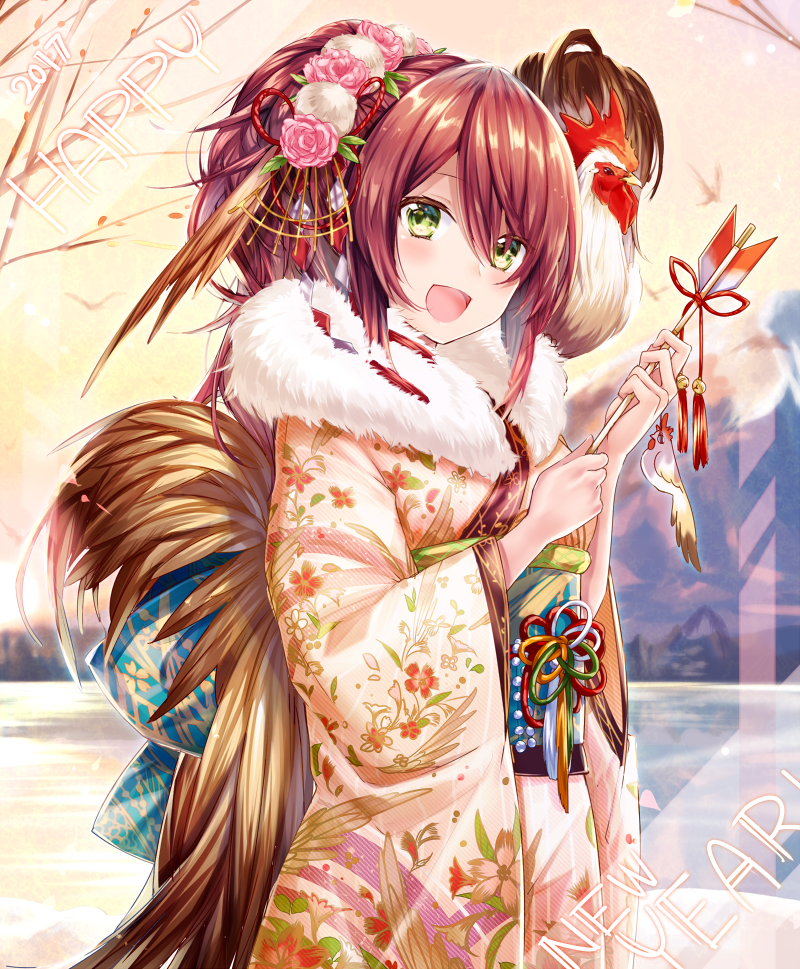1girl 2017 :d aqua_bow arrow bangs bell bird blurry blush bow brown_hair charm_(object) chicken cowboy_shot depth_of_field floral_print fur_collar green_eyes hair_between_eyes hamaya happy_new_year holding_arrow japanese_clothes jingle_bell kimono large_bow long_hair looking_at_viewer new_year on_shoulder open_mouth original outdoors rooster smile solo year_of_the_rooster yuya_(night_lily)