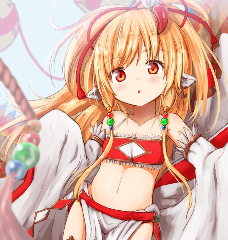 1girl animal_ears bandeau bangs baram beads blonde_hair blurry blush breasts chestnut_mouth collarbone depth_of_field detached_sleeves eyebrows_visible_through_hair granblue_fantasy hair_beads hair_ornament hands_in_sleeves harbin long_hair looking_at_viewer mahira_(granblue_fantasy) makira_(granblue_fantasy) midriff navel parted_lips pelvic_curtain petite red_eyes small_breasts solo
