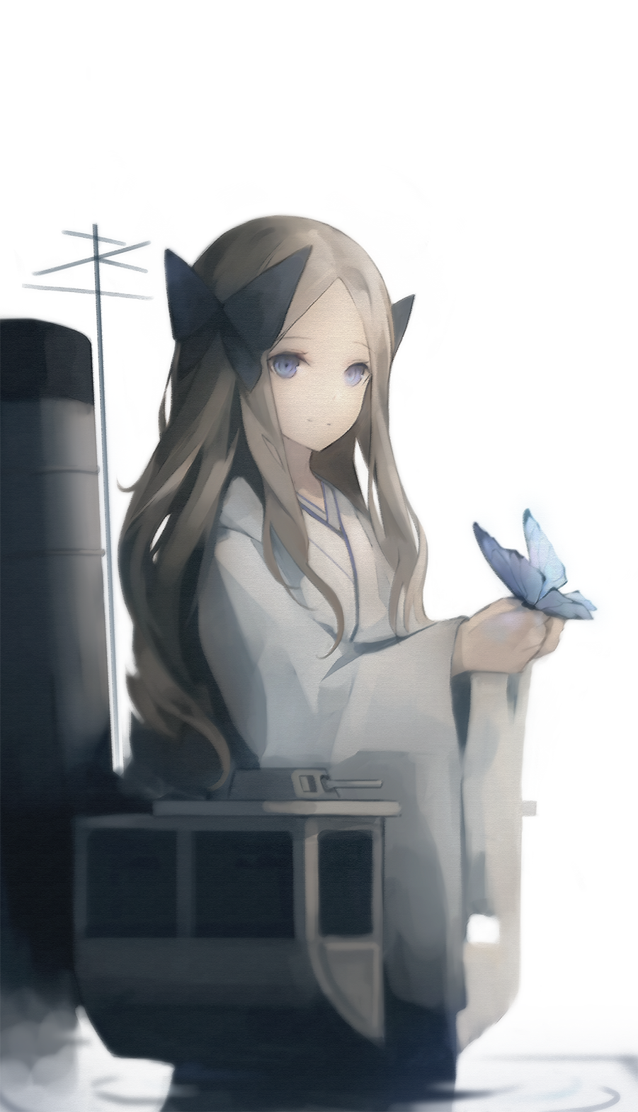 1girl asakaze_(kantai_collection) black_bow blonde_hair blue_eyes blurry bow butterfly closed_mouth depth_of_field gyup91 hair_bow highres holding kantai_collection light_smile long_hair looking_at_viewer meiji_schoolgirl_uniform partially_submerged rigging ripples solo white_background