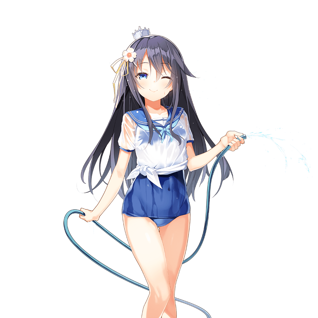1girl black_hair blue_eyes crown emma_beauty flower hair_flower hair_ornament holding_hose long_hair official_art one_eye_closed school_swimsuit see-through shirt smile solo spraying swimsuit swimsuit_under_clothes tied_shirt transparent_background uchi_no_hime-sama_ga_ichiban_kawaii wet wet_clothes