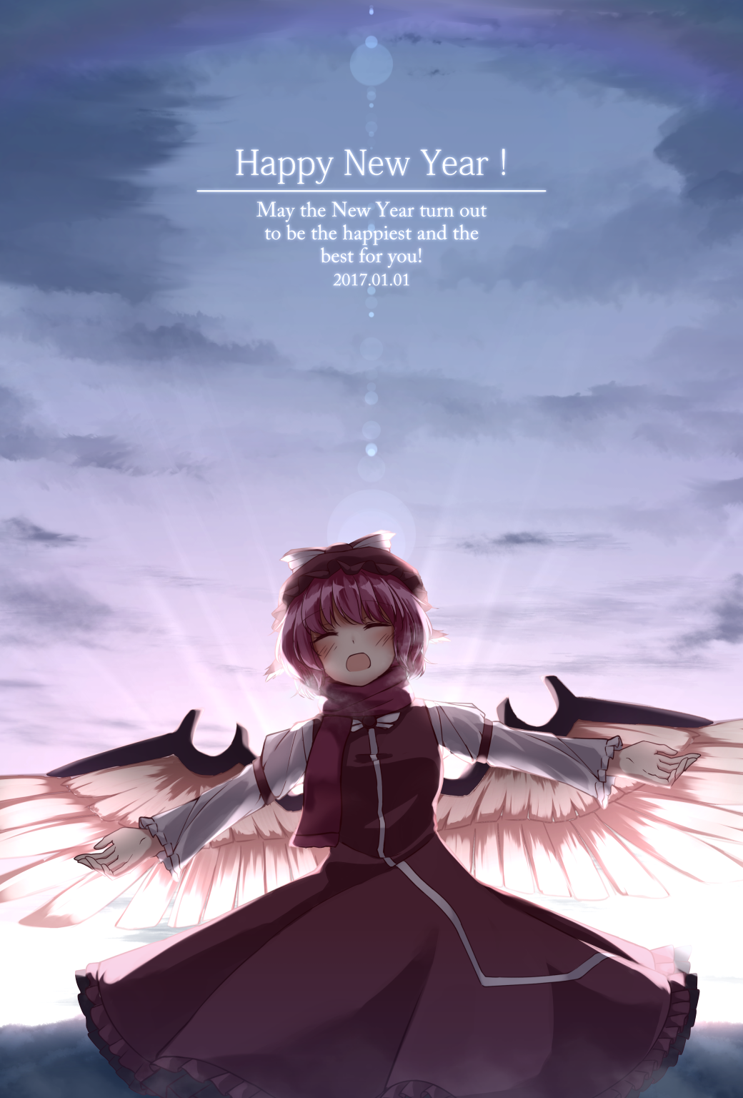 1girl 2017 :d ^_^ bird_wings blush closed_eyes commentary dress english happy_new_year highres incoming_hug juliet_sleeves long_sleeves mystia_lorelei new_year open_mouth pokio puffy_sleeves scarf short_hair smile solo touhou winged_hat wings