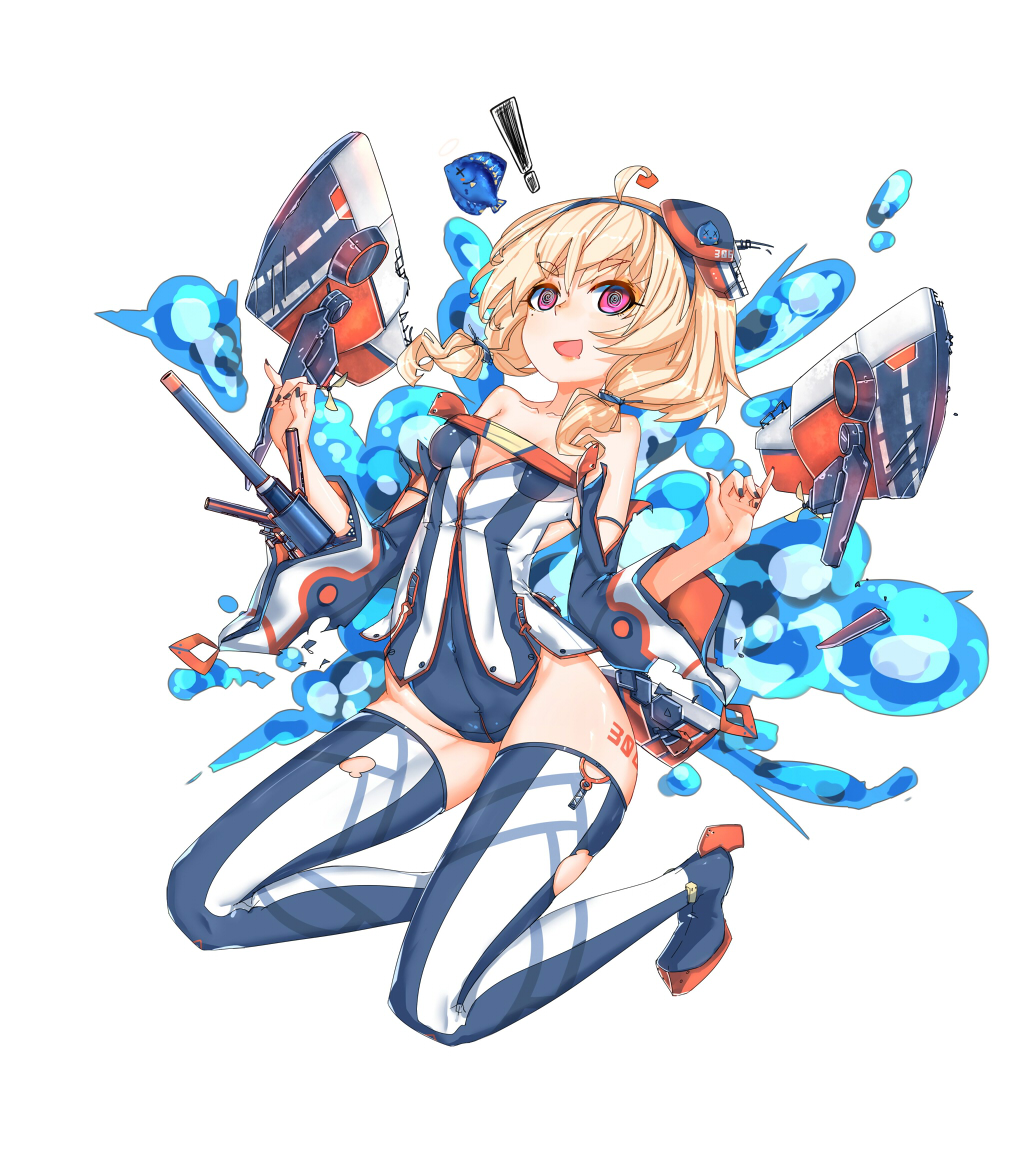 ! 12cat 1girl @_@ ahoge bare_shoulders blonde_hair boots breasts cannon detached_sleeves explosion fish floating full_body headband headgear looking_at_viewer machinery mole mole_under_eye navel official_art open_mouth pink_eyes rudder_shoes short_twintails small_breasts solo tang_(zhan_jian_shao_nyu) thigh-highs thigh_boots torn_clothes torn_thighhighs twintails white_background zhan_jian_shao_nyu
